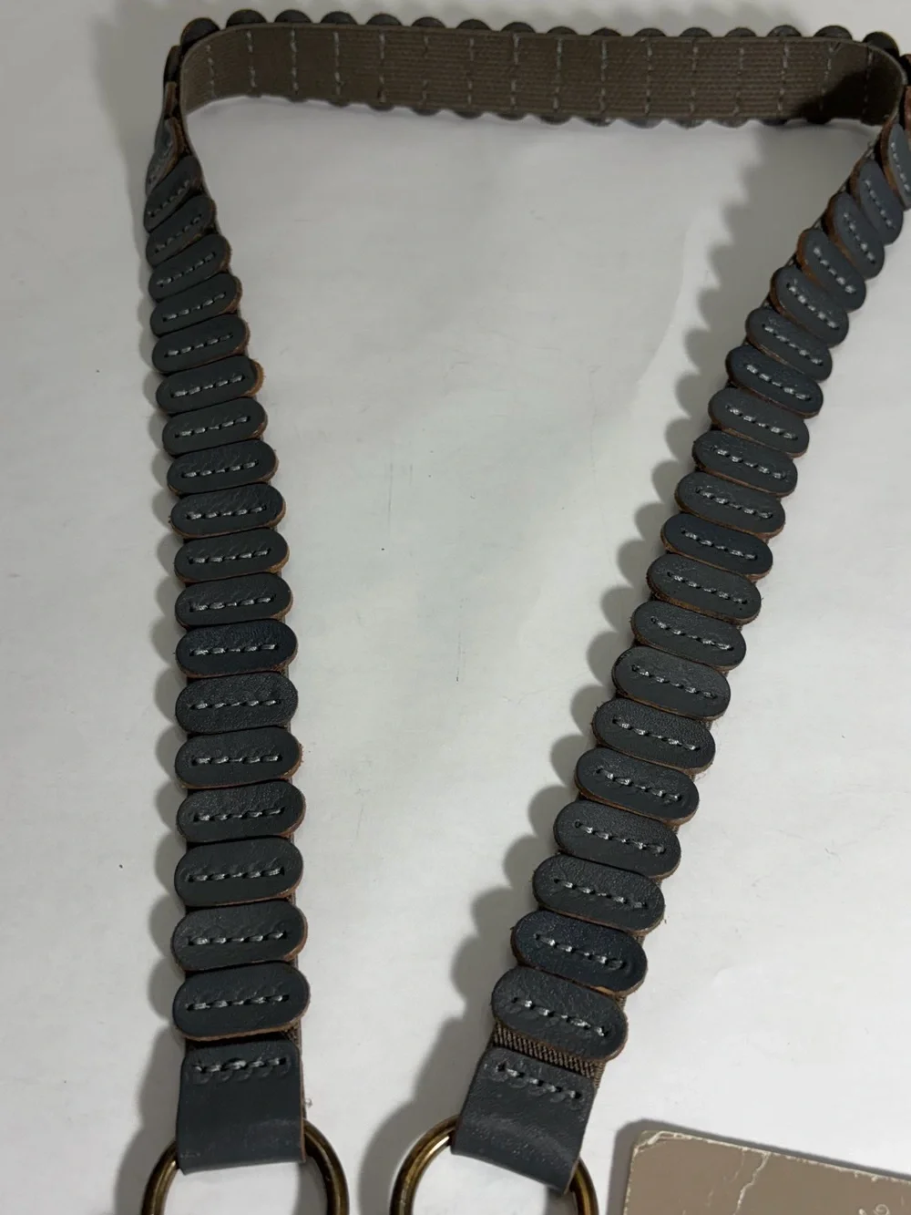 NWT Anthropologie Dark Grey Leather Oval Segment Stretch Tie Belt Brass Beads M